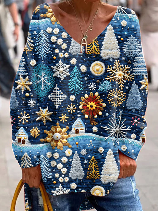 Flocon de neige Noël Imprimer à la mode col en V Pull Pull à manches longues