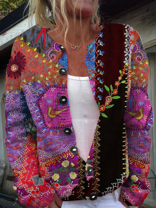 Rétro élégant sans couture brodé Floral Imprimer Chic Bouton des femmes épaissie à manches longues Cardigan Pull
