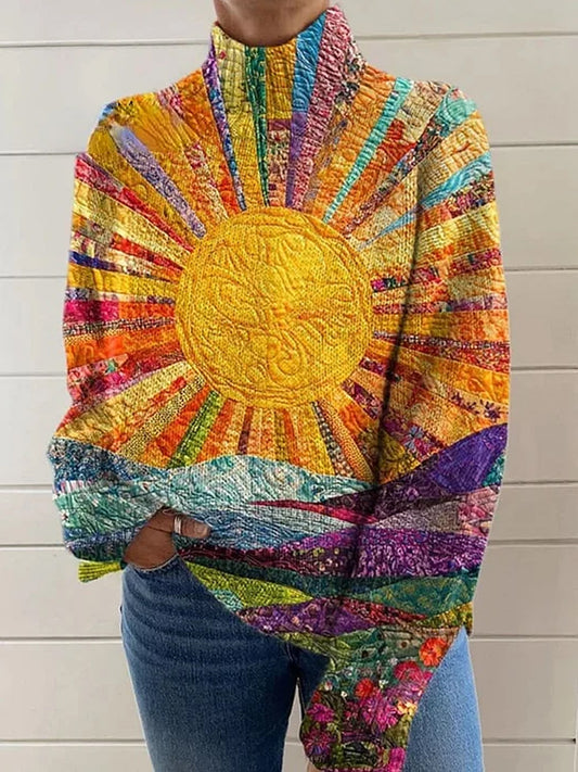Pull à col roulé élégant à la mode pour femmes Sun Art Print à manches longues