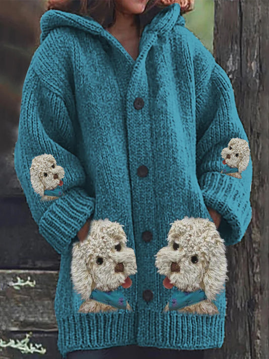 Femmes Vintage Animal Art Puppy Imprimer Bouton épais manches longues à capuche Cardigan