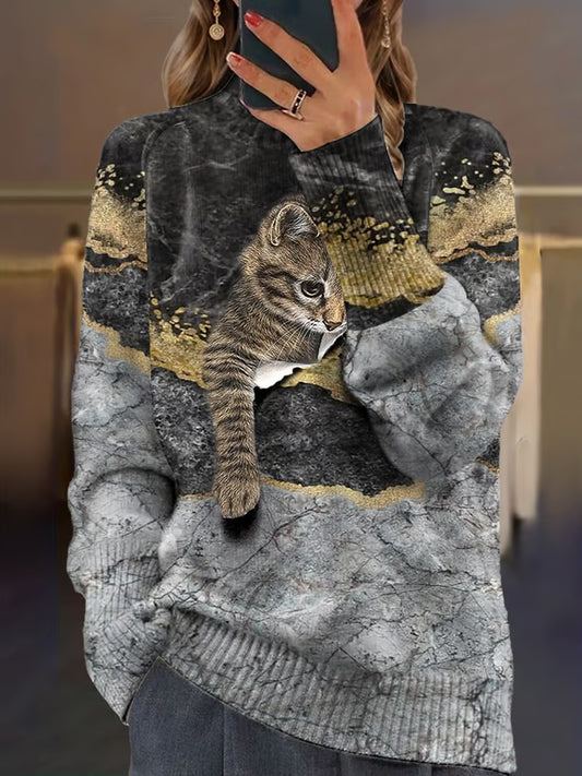Vintage Cat Art Imprimer à manches longues Chunky Pull en tricot