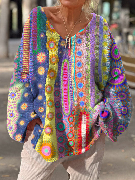Rétro bohème imprimé floral col en V Vintage lâche pull à manches longues