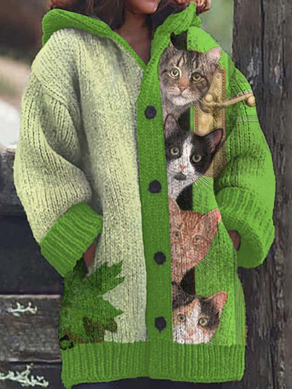 Cardigan à capuche décontracté à motif de chat amusant pour femmes
