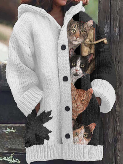 Cardigan à capuche décontracté à motif de chat amusant pour femmes
