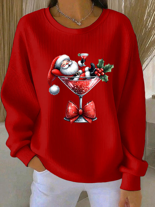 Sweat Femme Côtelé Imprimé Père Noël à Col Rond