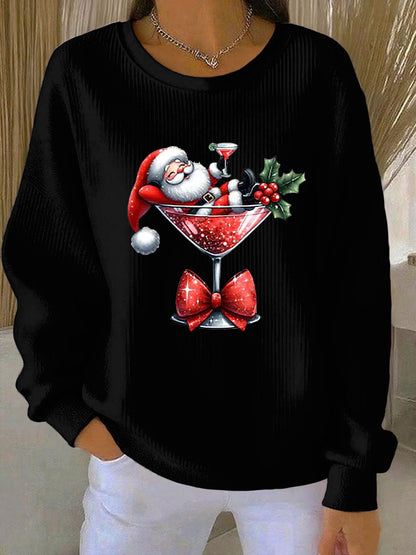Sweat Femme Côtelé Imprimé Père Noël à Col Rond
