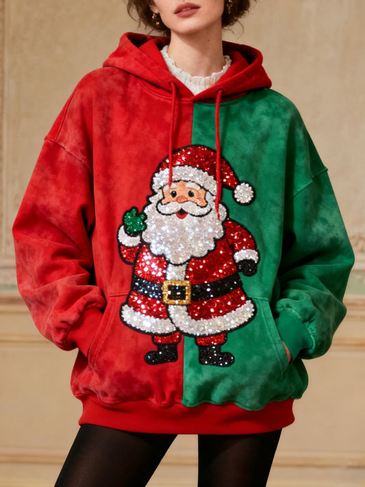 Sweat à capuche vintage pour femmes brillant motif de noël santa