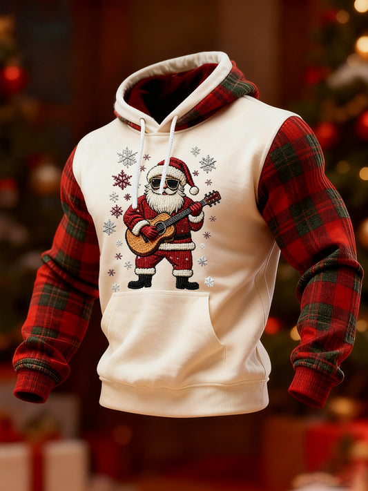 Hommes Vintage Père Noël Jouer Guitare Noël Rouge Plaid Imprimer Casual Hoodie