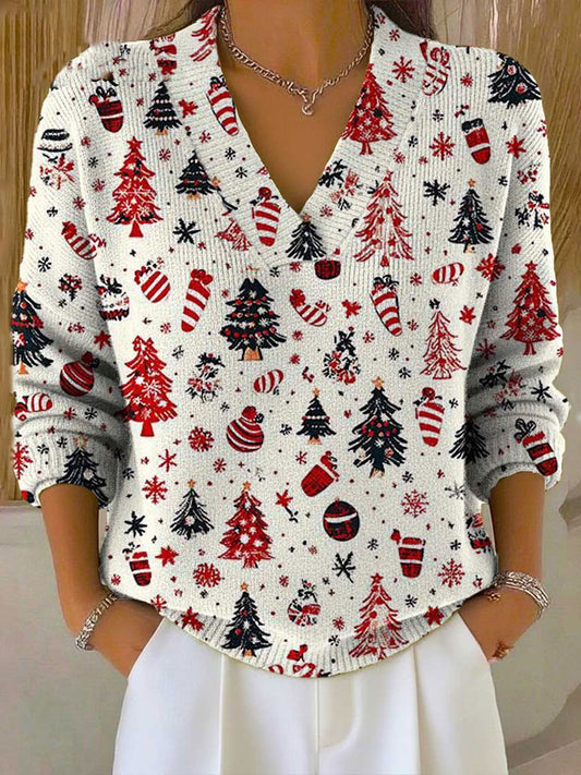 Pull imitation Noël col V Femme