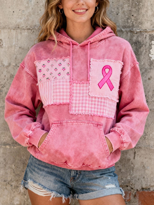 Sweat à Capuche Femme Rose Ruban Brodé Lavé