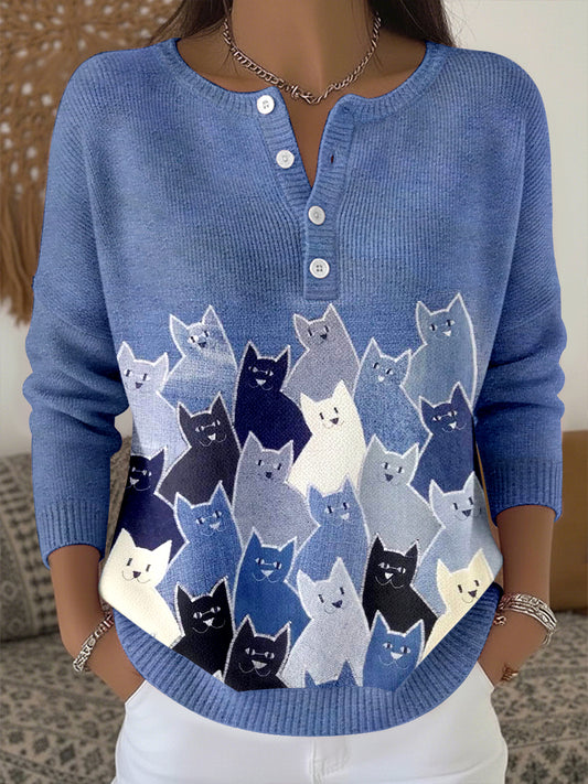 Haut en tricot confortable motif chat mignon pour femmes