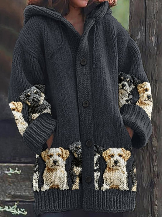 Rétro Mignon Pet Imprimer Bouton Épais À Manches Longues À Capuche Cardigan Pull