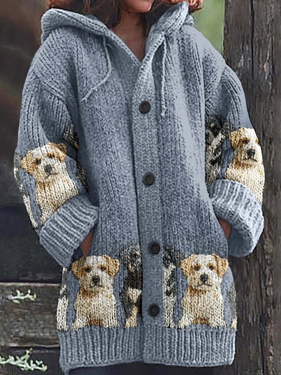 Rétro Mignon Pet Imprimer Bouton Épais À Manches Longues À Capuche Cardigan Pull