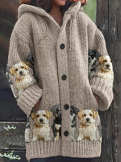 Rétro Mignon Pet Imprimer Bouton Épais À Manches Longues À Capuche Cardigan Pull