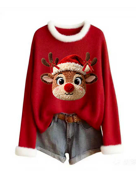 Femmes Noël Vintage Animal Floral Art Casual Tricot Haut