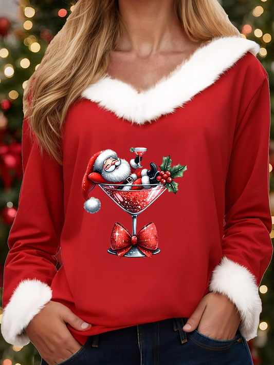 Père Noël des femmes assis sur un verre de vin Tops imprimés