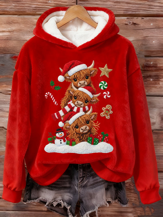 Sweat à capuche en peluche Highland Cow pour femme
