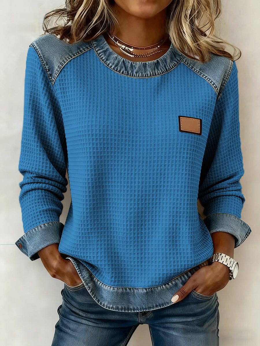 La mode Patchwork Design Waffle Sweatshirt des femmes