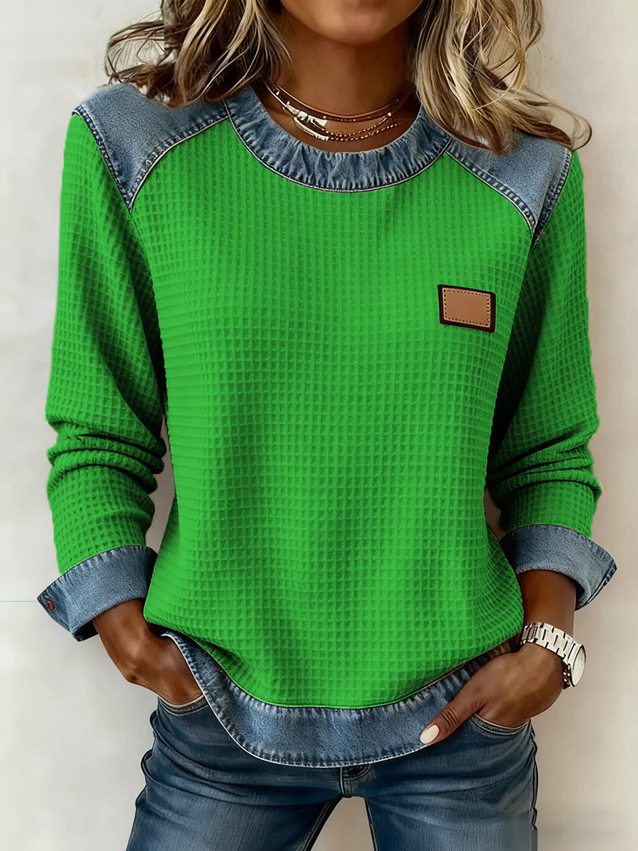 La mode Patchwork Design Waffle Sweatshirt des femmes