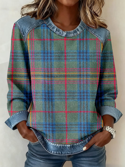 Vintage Plaid Pattern Denim Patchwork Sweatshirt Femme