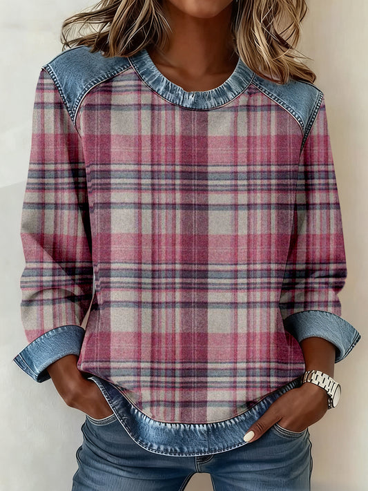 Vintage Plaid Pattern Patchwork Art Sweatshirt des femmes