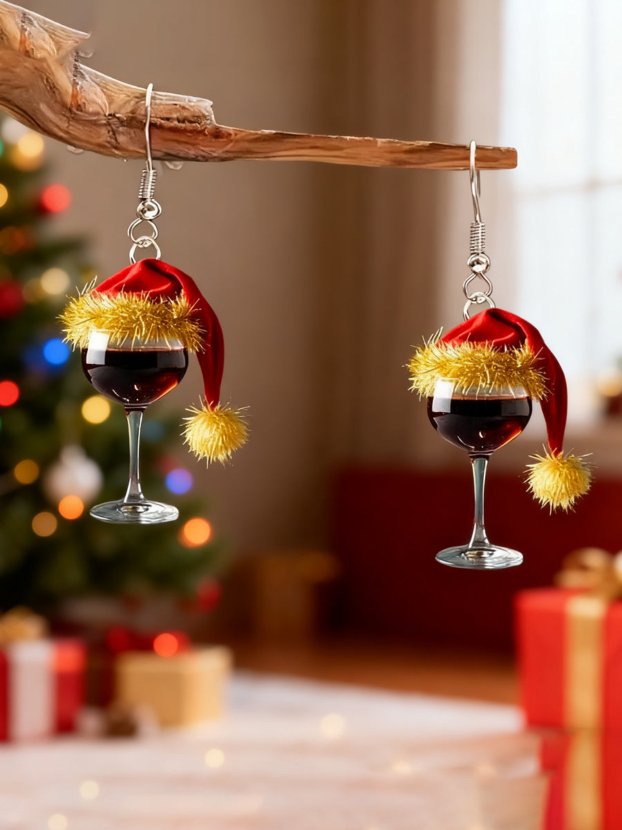 Boucles d'oreilles en verre à vin rouge de Noël pour femme