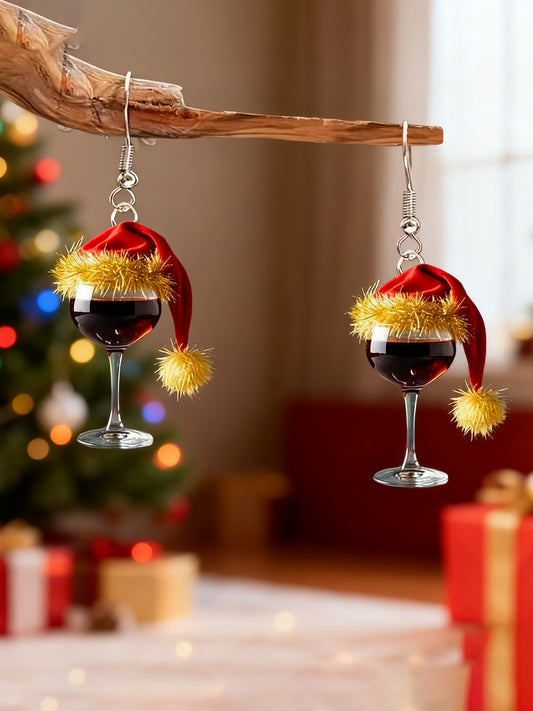 Boucles d'oreilles en verre à vin rouge de Noël pour femme