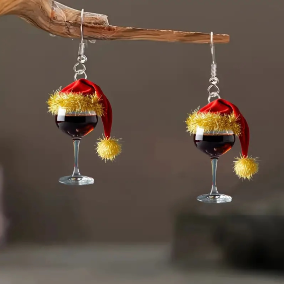 Boucles d'oreilles en verre à vin rouge de Noël pour femme