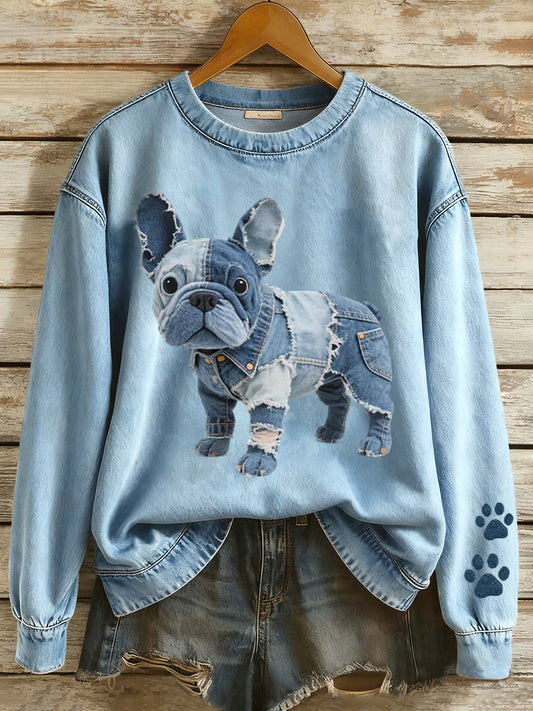 Sweat-shirt à motif patchwork art bouledogue français pour femmes