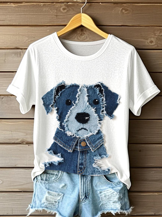 Chien Mignon Denim Patchwork Art T-shirt des femmes