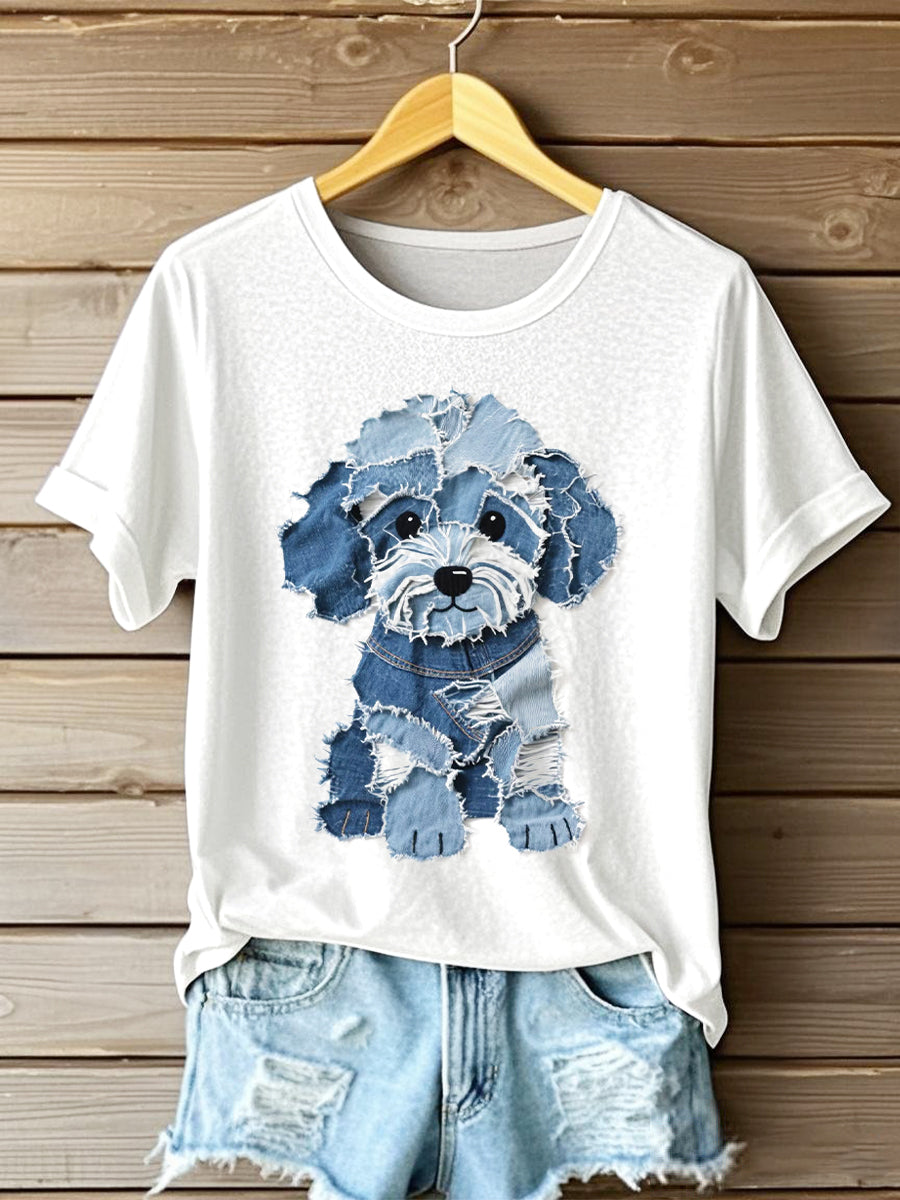 Chien mignon Denim Patchwork Art T-Shirt des femmes