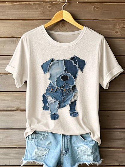 Motif de chien Denim Patchwork Art T-Shirt des femmes
