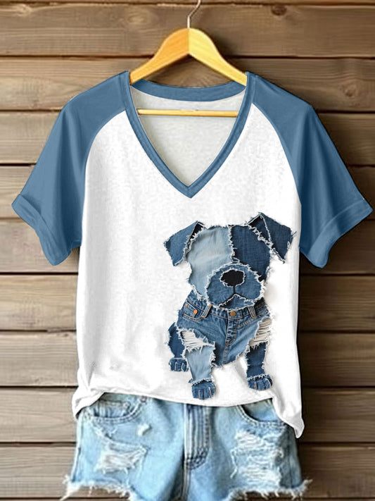 Chien Mignon Patchwork Art V-Neck T-Shirt Femme
