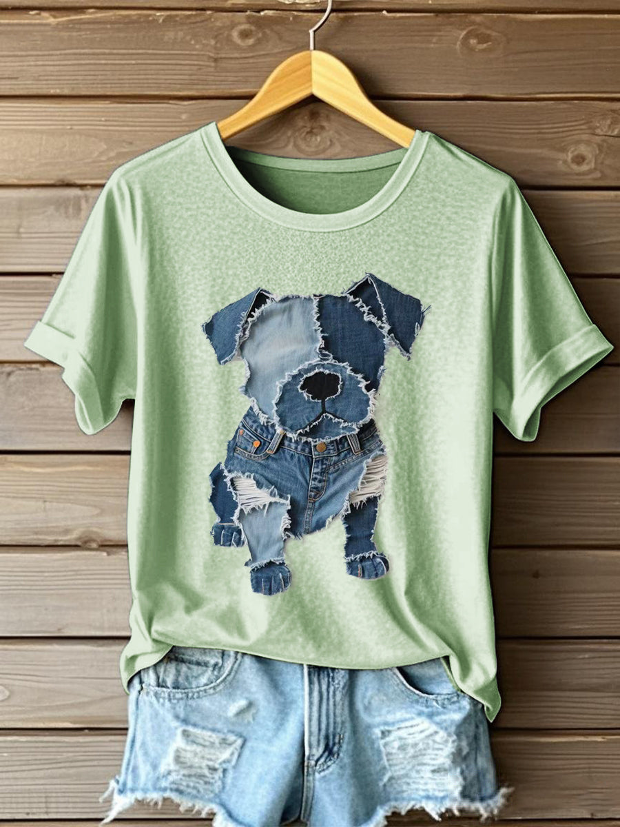 Motif de chien Denim Patchwork Art T-Shirt des femmes