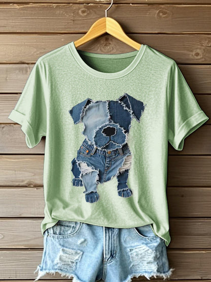 Motif de chien Denim Patchwork Art T-Shirt des femmes