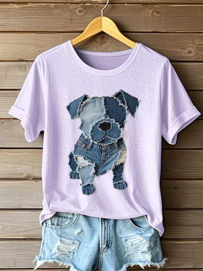 Motif de chien Denim Patchwork Art T-Shirt des femmes