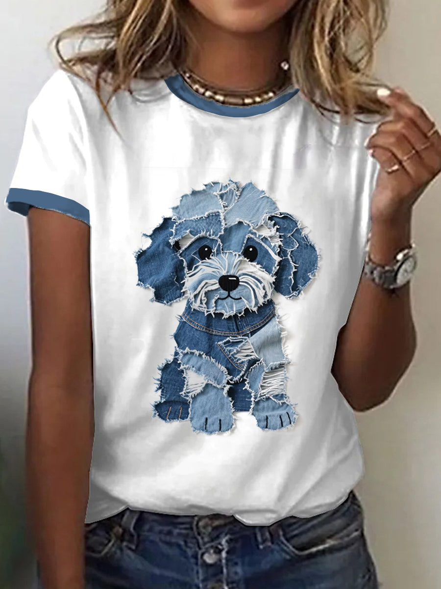 Chien Mignon Denim Patchwork Art T-shirt des femmes