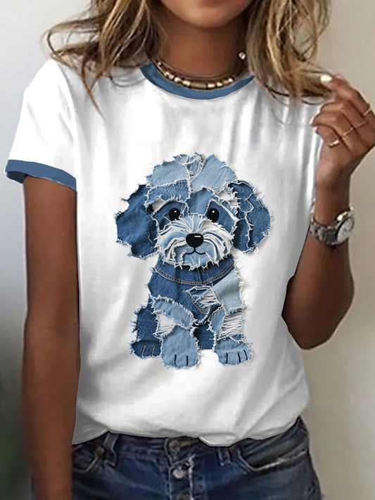 Chien Mignon Denim Patchwork Art T-shirt des femmes