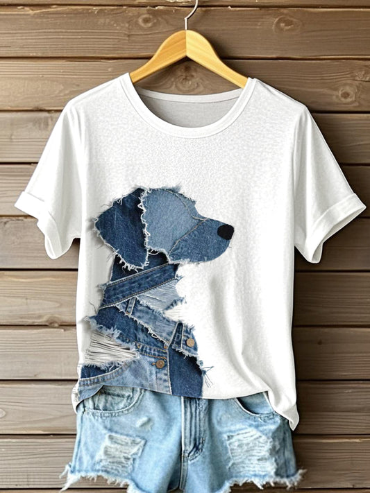 Chien Mignon Denim Patchwork Art T-shirt des femmes