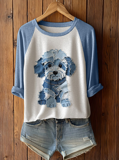 Femme Chien Mignon Patchwork Art Manches Longues T-Shirto