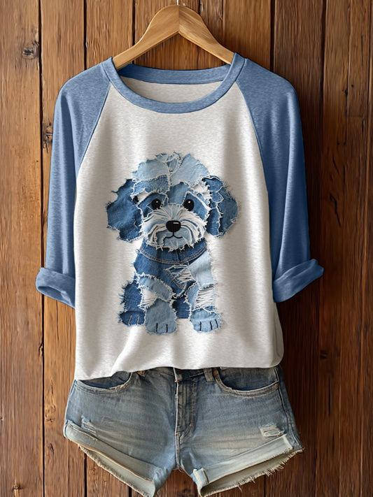 Femme Chien Mignon Patchwork Art Manches Longues T-Shirto