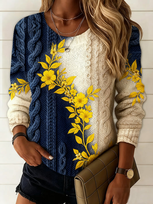 Pull décontracté à imprimé floral vintage pour femmes