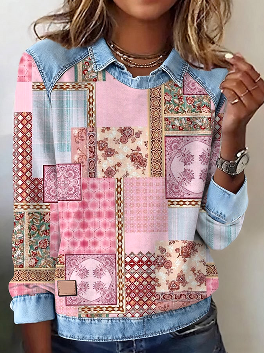 Sweatshirt Femme Patchwork Denim Imprimé Plaid Rose