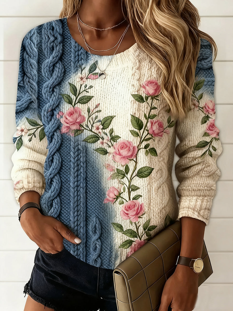 Pull décontracté à imprimé floral vintage pour femmes