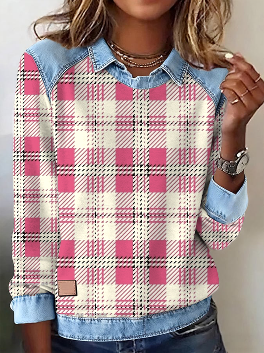 Sweatshirt Femme Patchwork Denim Imprimé Plaid Rose