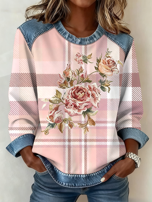 Sweatshirt Femme Patchwork Denim Imprimé Plaid Rose