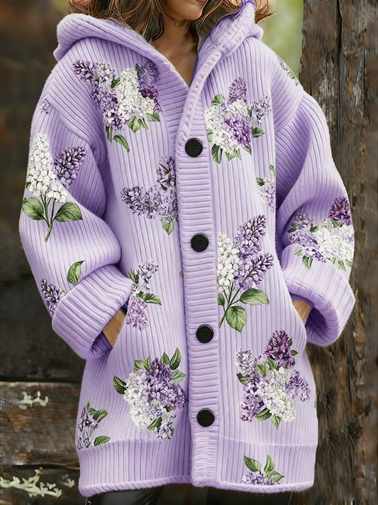 Cardigan épaissi à fleurs violettes pour femmes
