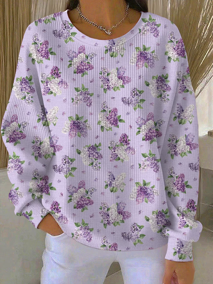 Sweat-shirt décontracté à col rond côtelé à texture florale violette pour femme