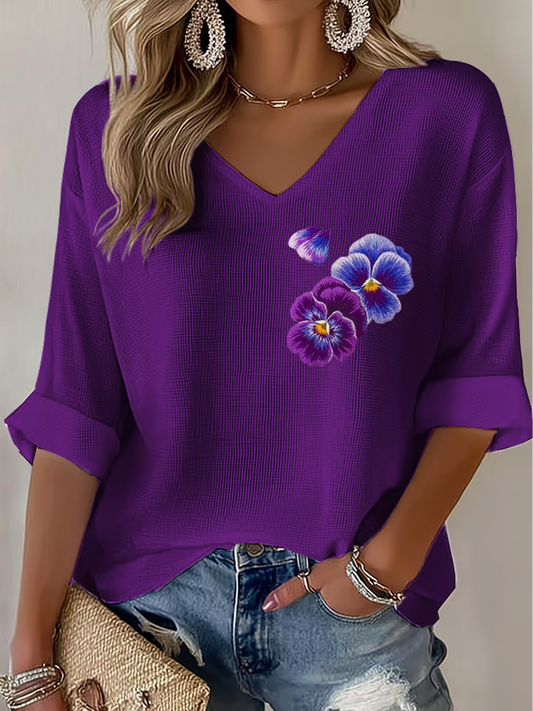 Fleurs violettes Art Design Imprimer Waffle T-shirt à manches longues pour femmes
