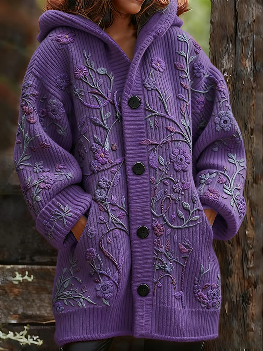 Cardigan épaissi à fleurs violettes pour femmes